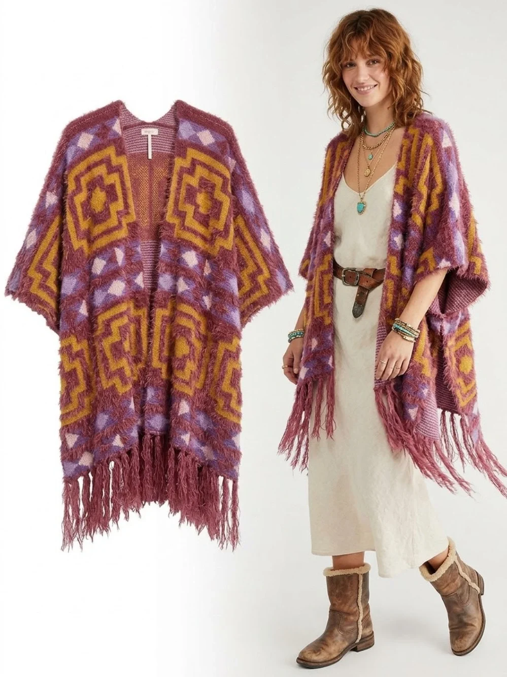 Free People $88 NWT P2P 26-33” Diamondback Cozy Kimono Poncho Cardigan OS